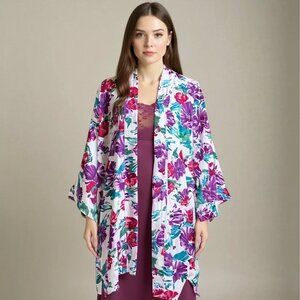 Vintage Victoria’s Secret Gold Label 100% Silk White Purple Red Floral Robe